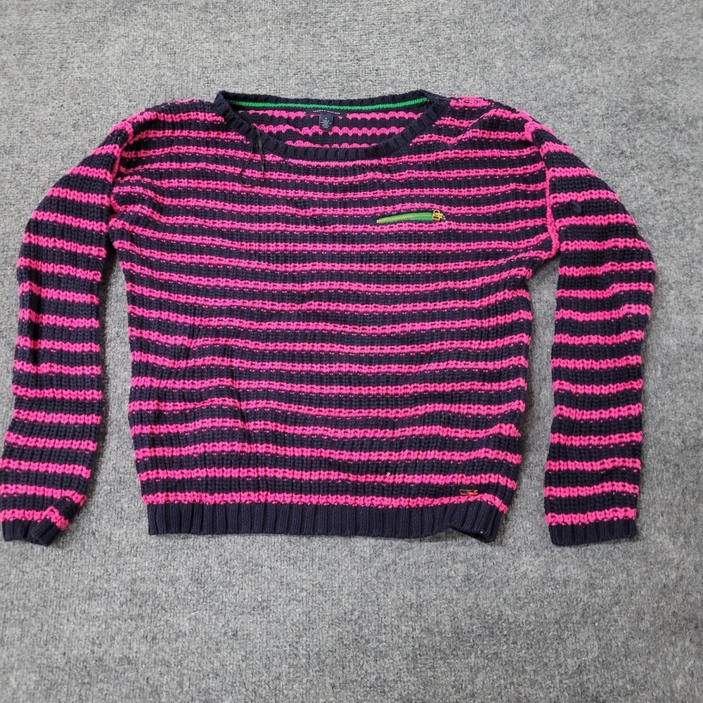 Tommy Hilfiger Sweater Womens Size M Navy Pink Striped Cotton Knit Green Zipper